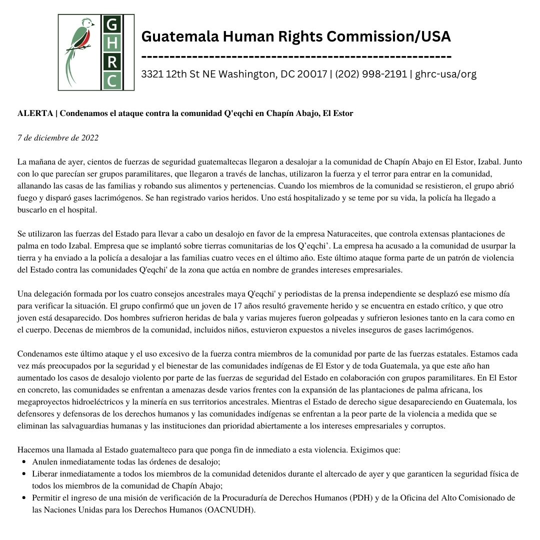 GHRC Statement Condemning Attack in El Estor, December 2022
